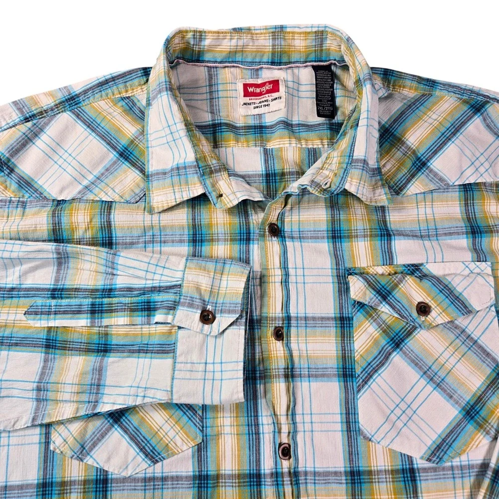 Wrangler Men's Size 2XL Blue Yellow Plaid Western Long Sleeve Button Down Shirt
